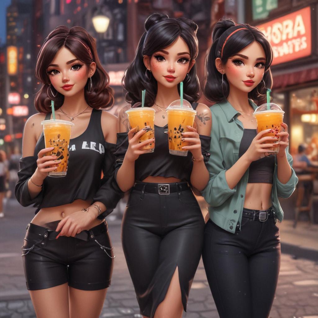 cartoon mafia girls with boba tea