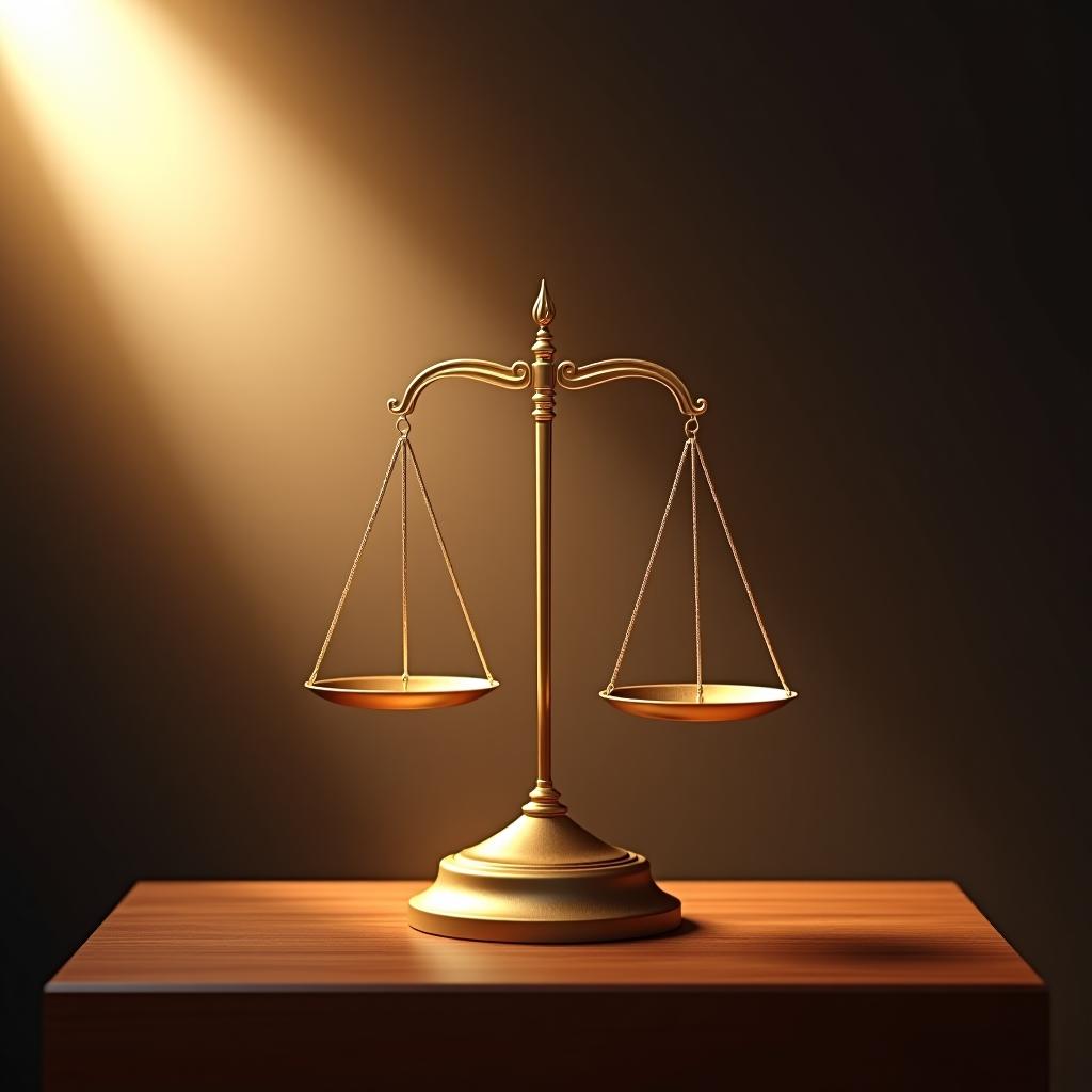  a golden scale on a wooden base is illuminated by a spotlight. concept banners with copy space for justice, lawyers and court.