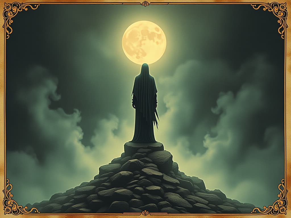  an ethereal figure standing on solid ground, dark mists encroaching from all sides, attempting to erode the figure's stability, resilience, defiance. an illustration in the style of a worn, mystical old tarot trump card, mysterious and elements of surrealism. the colors are muted, somber and eerie, but with contrast bring out an occult and esoteric vibe.