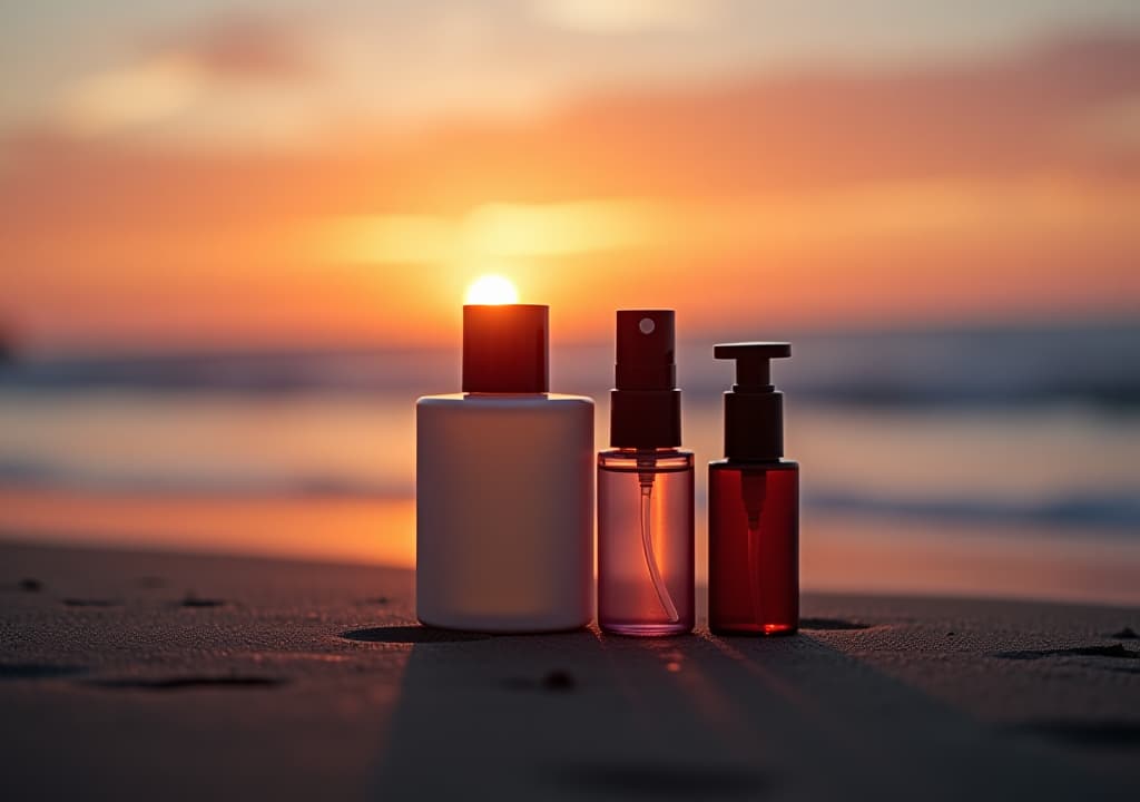  cosmetic bottles on the beach at sunset. concept of health and beauty.