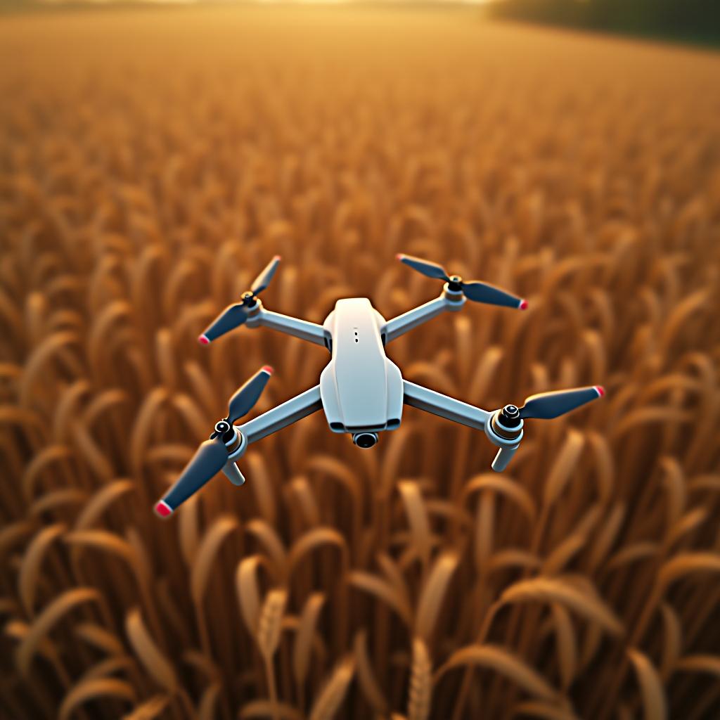  the drone airplane with wings flies high over the wheat fields from a bird's eye view.