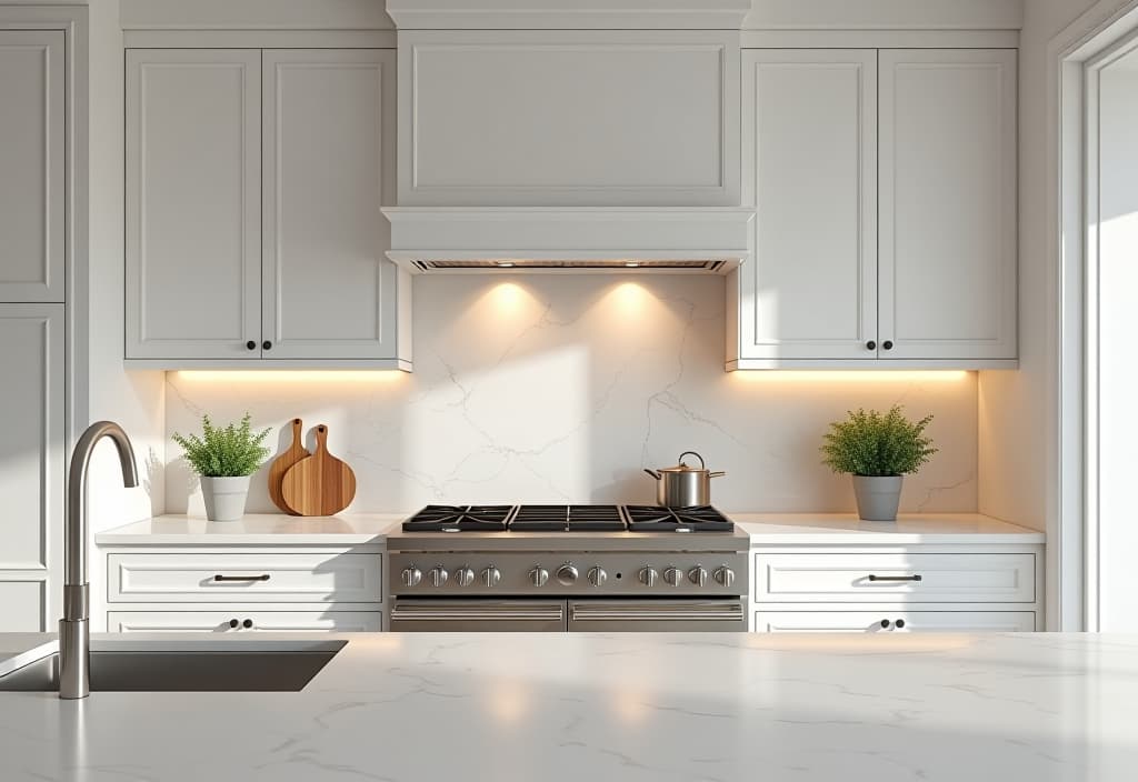  a landscape photo of an elegant white kitchen featuring a calacatta gold marble slab backsplash with dramatic veining, extending behind a professional grade range and custom hood hyperrealistic, full body, detailed clothing, highly detailed, cinematic lighting, stunningly beautiful, intricate, sharp focus, f/1. 8, 85mm, (centered image composition), (professionally color graded), ((bright soft diffused light)), volumetric fog, trending on instagram, trending on tumblr, HDR 4K, 8K