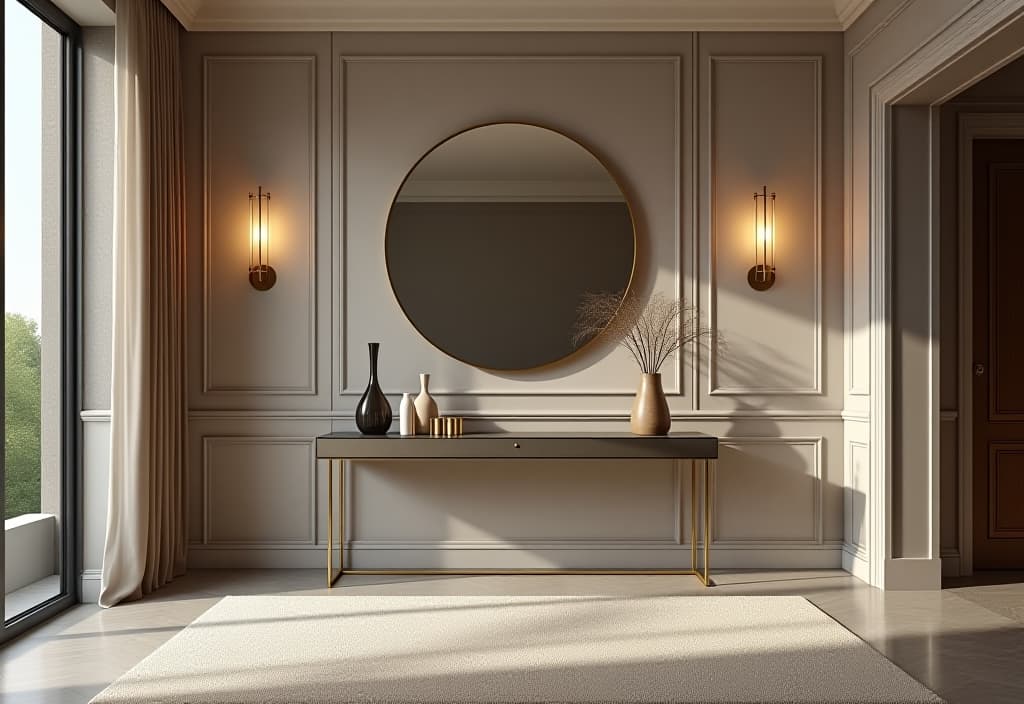  a landscape photo of a stylish apartment entryway featuring a sleek console table with gold accents, a large round mirror, and a plush area rug, creating an immediate luxurious impression hyperrealistic, full body, detailed clothing, highly detailed, cinematic lighting, stunningly beautiful, intricate, sharp focus, f/1. 8, 85mm, (centered image composition), (professionally color graded), ((bright soft diffused light)), volumetric fog, trending on instagram, trending on tumblr, HDR 4K, 8K