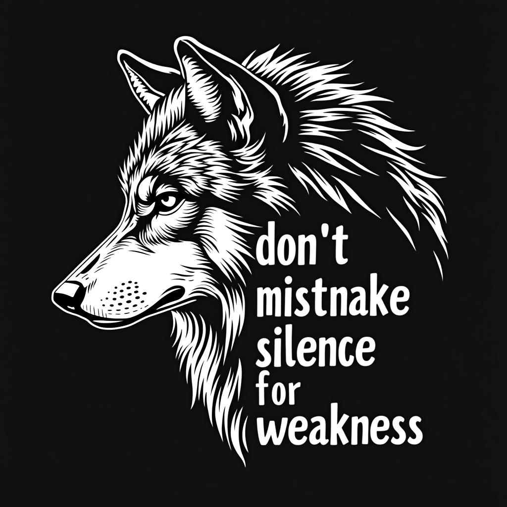  a captivating black and white line art illustration features a wolf in a fierce profile, with one piercing eye gazing intensely from the darkness. the wolf's mane seamlessly blends into the solid black background, creating a sense of mystery and enigma. in contrast, the other half of the design boldly displays striking text in a modern font, proclaiming 'don't mistake silence for weakness' this bold and elegant t shirt design print conveys a powerful message of inner strength, resilience, and the idea that true power can be found in quiet determination.