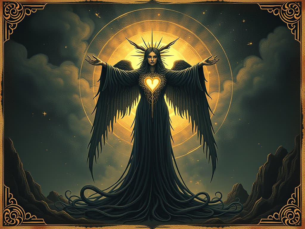  a celestial figure, heart and mind illuminated, surrounded by a swirling pattern of light and dark energies, cosmic background, infinite possibilities. an illustration in the style of a worn, mystical old tarot trump card, mysterious and elements of surrealism. the colors are muted, somber and eerie, but with contrast bring out an occult and esoteric vibe.