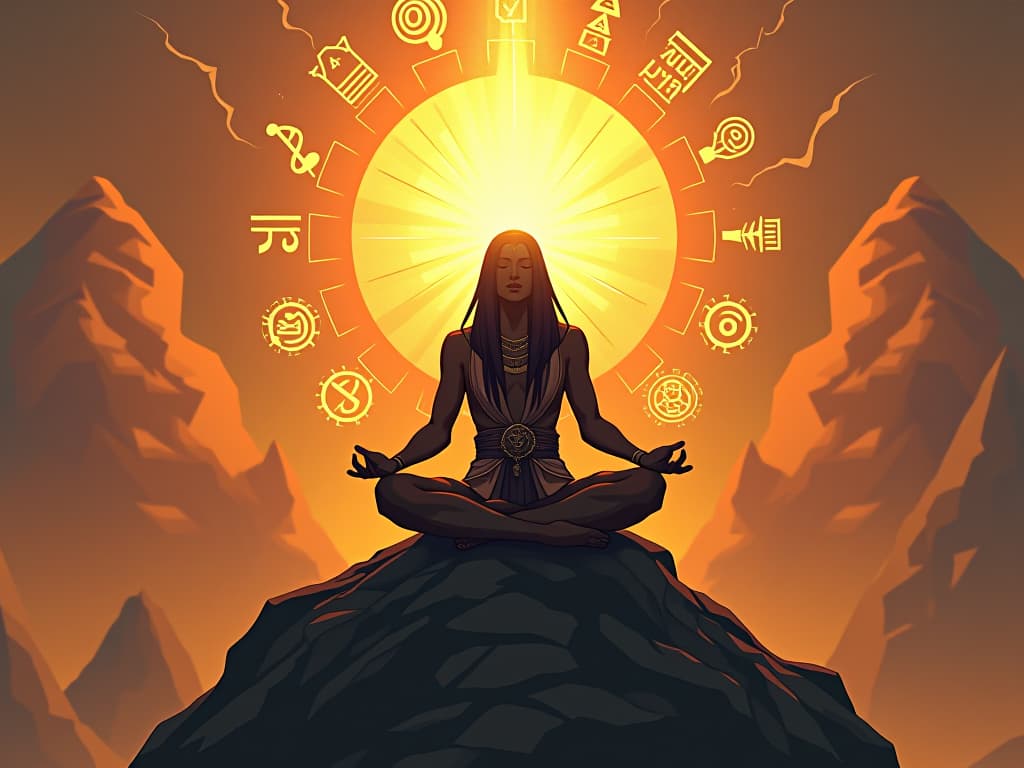  a figure with a radiant aura, meditating atop a mountain, surrounded by floating glyphs, symbolizing empowerment and transcendence. the style is digital art illustration / modern comic book / mysterious occult, symbolic, esoteric vibe,high detail on character design, incorporating ancient egyptian symbology and attire.