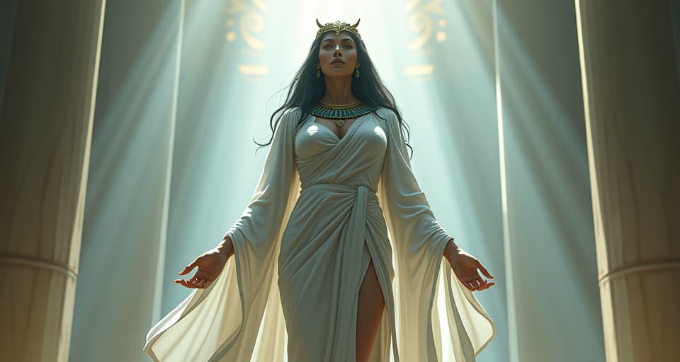  a large busted female figure in sheer white robes, standing among radiant beams of light, symbolizing enlightenment and illumination. the style is digital art illustration / modern comic book / mysterious occult, symbolic, esoteric vibe,high detail on character design, incorporating ancient egyptian symbology and attire.