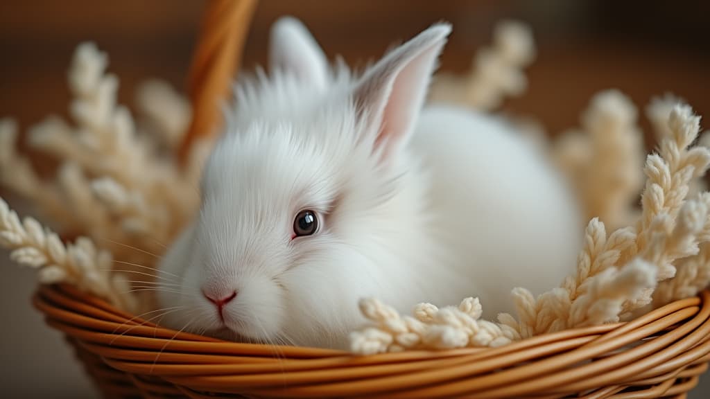  gentle angora rabbit, surrounded by natural fibers in a basket, showcasing its incredibly soft and lightweight fur, creating a sense of comfort and warmth