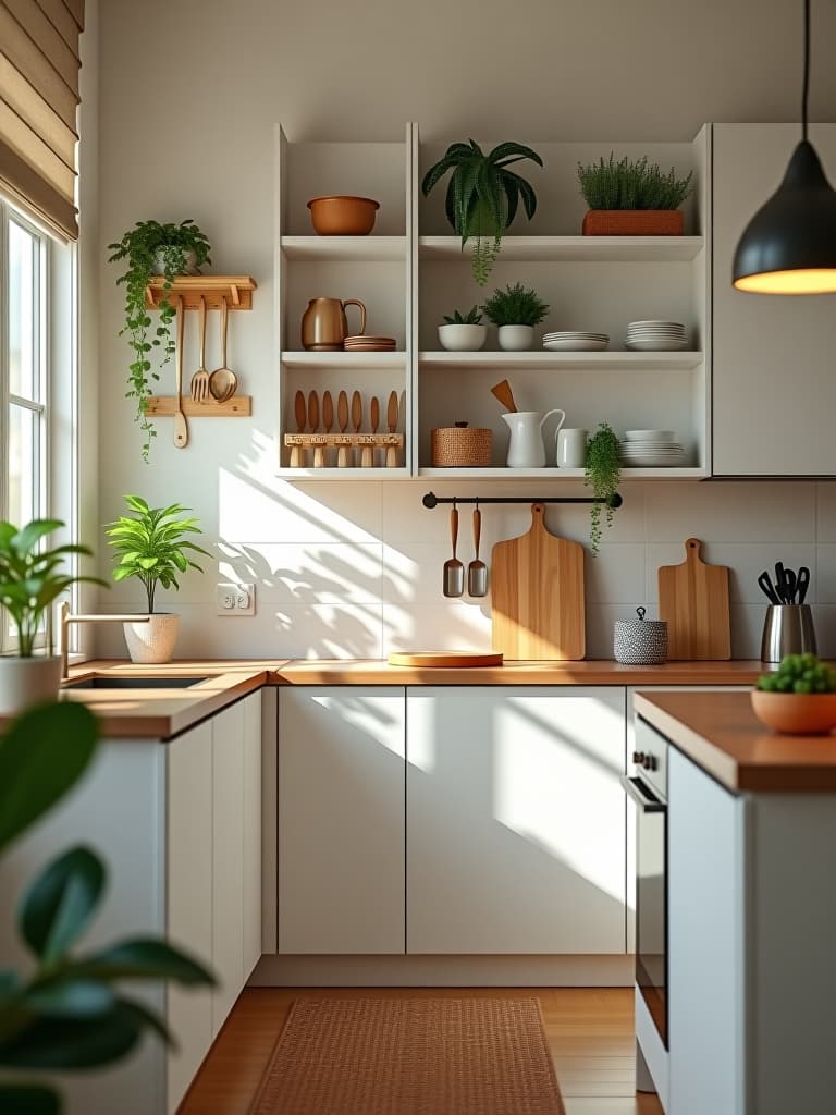  high quality portrait photo of a bright and airy small apartment kitchen with vertical storage solutions, including hanging pot racks, magnetic knife strips, and tall, narrow shelving units filled with colorful dishes and plants hyperrealistic, full body, detailed clothing, highly detailed, cinematic lighting, stunningly beautiful, intricate, sharp focus, f/1. 8, 85mm, (centered image composition), (professionally color graded), ((bright soft diffused light)), volumetric fog, trending on instagram, trending on tumblr, HDR 4K, 8K