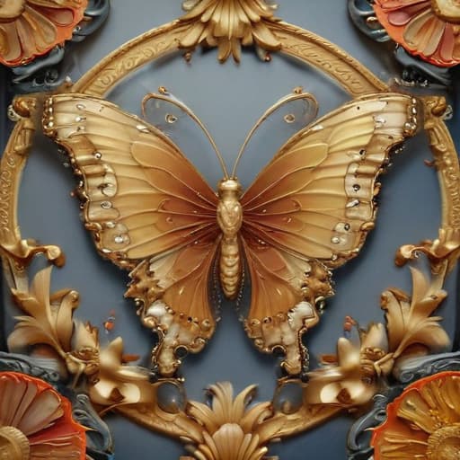 The family crest features a prominent butterfly motif symbolizing transformation, growth, and prosperity. The intricate design showcases the butterfly's delicate wings spanning wide, signifying the family's reach and influence in the trading world. However, amidst the beauty of the butterfly, there are subtle hints of chains or shackles intertwined with the design, representing the exploitation of workers in their pursuit of wealth and success. The colors used are rich and opulent, reflecting the family's prosperity and high status in the trading business. The background may consist of gold, symbolizing wealth and abundance, while the butterfly itself is adorned with vibrant hues to convey a sense of elegance and sophistication. Overall, 