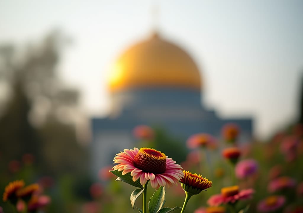  golden dome mosque with floral foreground and bokeh background.