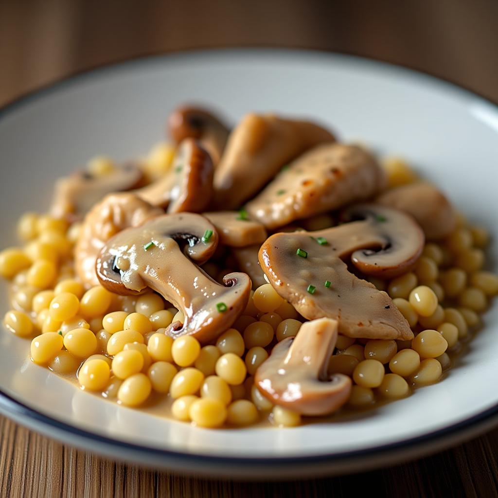  buckwheat with chicken and mushrooms in cream sauce on a plate.