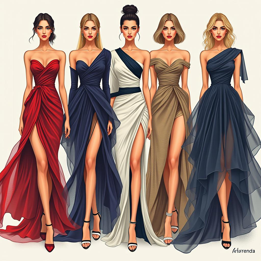  fashion illustration of women wearing asymmetrical dresses all different, colored with traparenze,pizzi, in different poses between them, award winning, professional, highly detailed, masterpiece