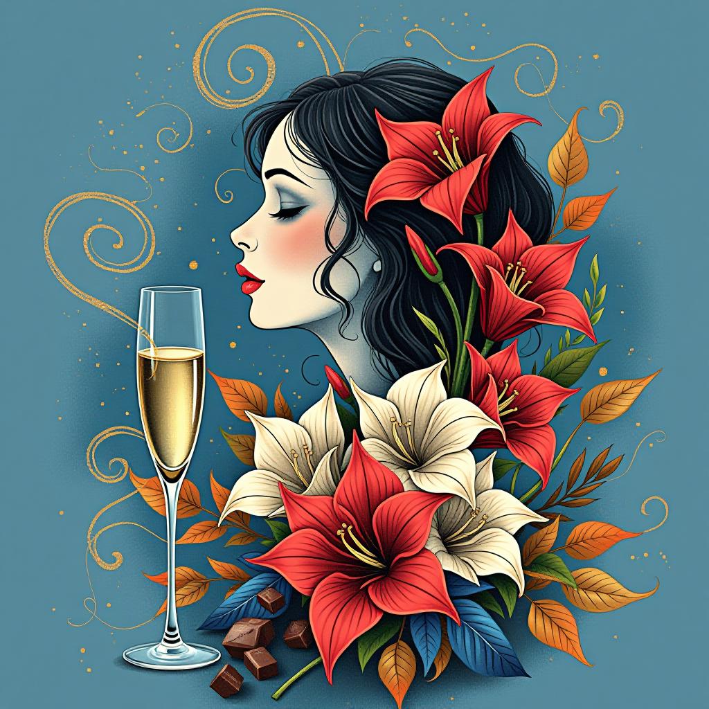  postcard design: bluish blue background with ((decorated with fine fine fractal glitter, bright leaves, ink sketch lines on blue background, outlines, falling autumn leaves, silver swirls, autumn leaves)) . ((graceful,slim, profile of a woman's face, in the style of autumn art fantasy 1,7)). ((crystal tall glass)) :champagne with ice cubes and chocolate.((birthday greeting card))). (in the centre of the card is a bouquet of white gladioluses with the inscription (("for you"))).((bouquet of burgundy gladioluses surrounded by multicoloured foliage 1,2)) (colour of the bouquet): burgundy red with an orange border. (foliage colour) :golden, silvery white, burgundy, green, golden green, (style):fantasy, design art, greeting cards. (style):fantas