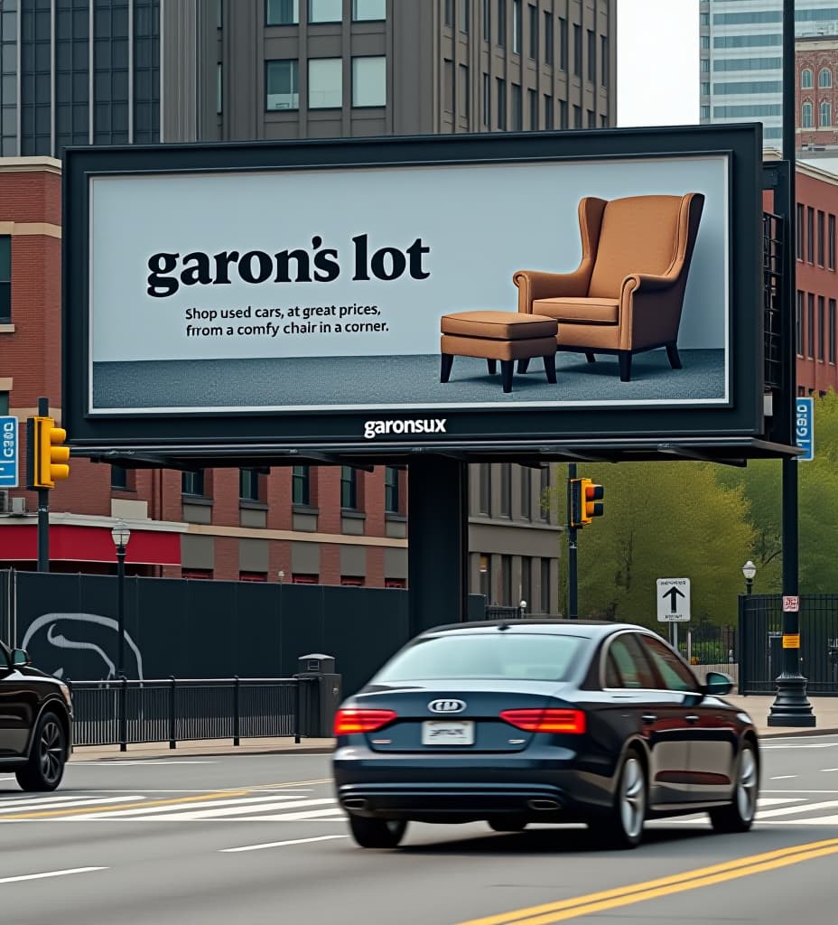  photo of a billboard in chicago, for a car dealer with an automotice theme that says "garon's lot" in big letters, and "shop used cars, at great prices from a comfy chair in the corner" a car driving by in the foreground with the license plate "grnsux"