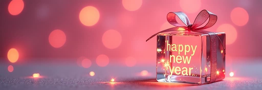  transparent glass christmas gift with glass bow, golden glowing text “happy new year”, festive pink bokeh background ar 3:1 {prompt}, maximum details