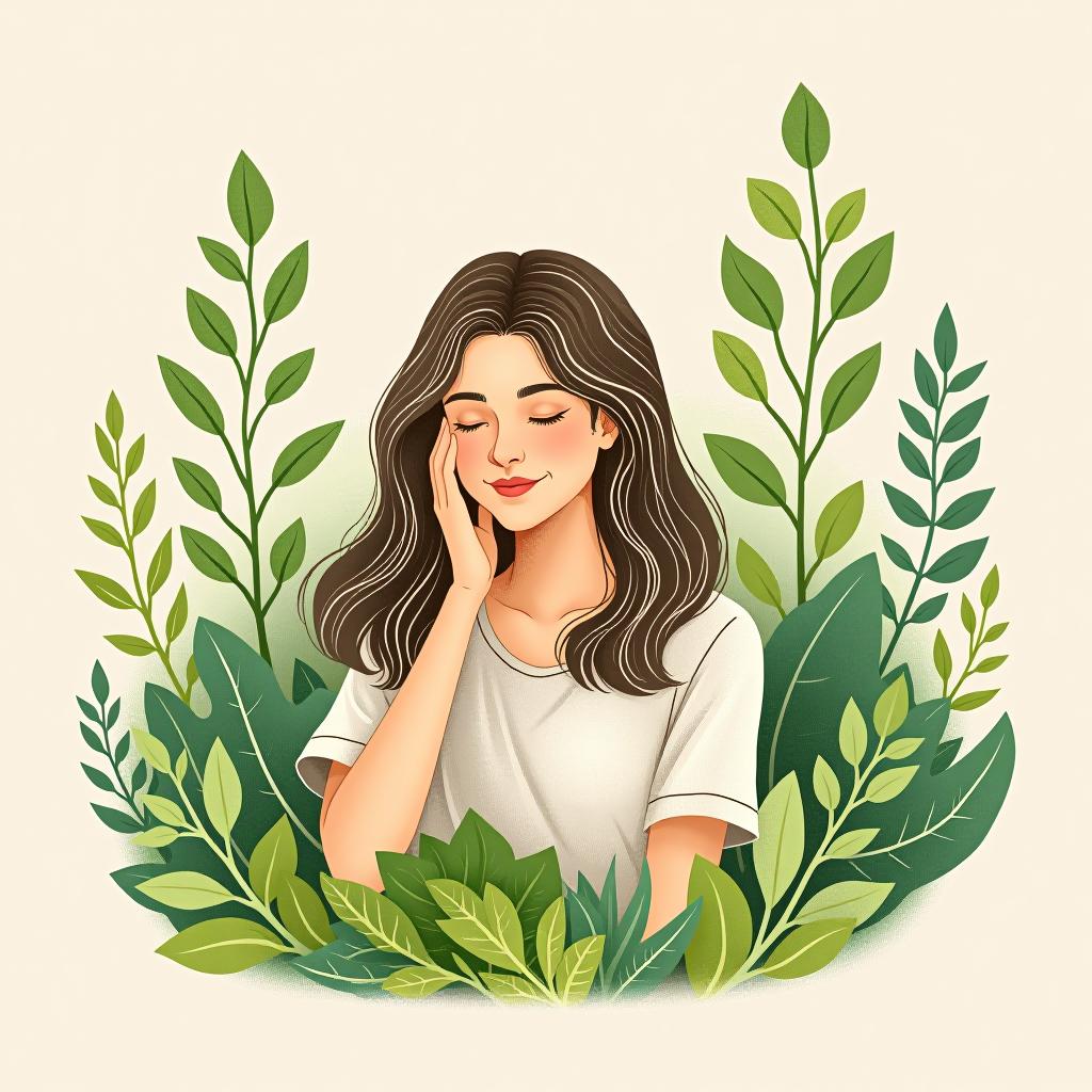  a woman, relaxing, lisa herb garden, (logo), organic, earthy, green, natural elements, leaves, trees, eco friendly, soft colors, hand drawn, fresh