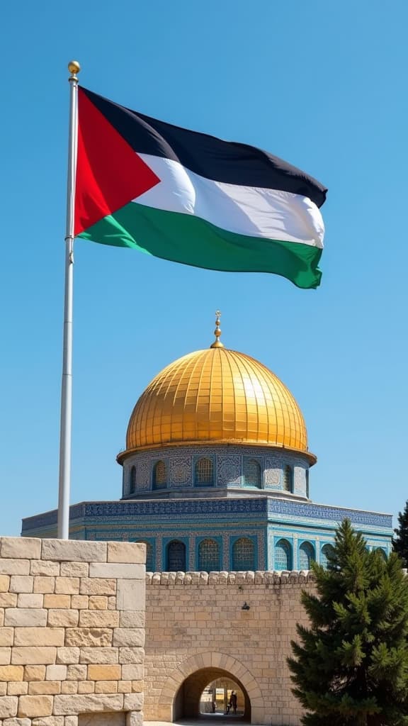  a dramatic scene depicting the palestinian flag proudly rising against a clear blue sky, set above the intricate golden dome of the dome of the rock. the sunlight glimmers on the dome, casting reflections, while the vibrant colors of the flag—black, white, green, and red—flutter in the gentle breeze. a backdrop of historic stone architecture and lush greenery adds depth to the image, evoking a sense of heritage and resilience.