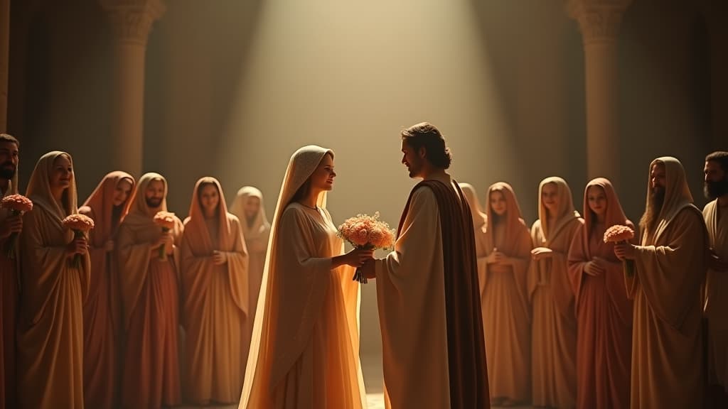  history of biblical times, an uplifting scene of ruth and boaz celebrating their wedding, surrounded by family and friends in a beautiful ancient setting. hyperrealistic, full body, detailed clothing, highly detailed, cinematic lighting, stunningly beautiful, intricate, sharp focus, f/1. 8, 85mm, (centered image composition), (professionally color graded), ((bright soft diffused light)), volumetric fog, trending on instagram, trending on tumblr, HDR 4K, 8K