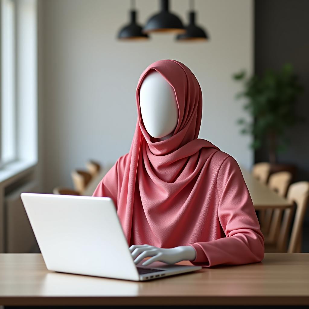  a faceless muslim mannequin in a pink hijab and shiny abaya sits at a table with a laptop, against a stylish and minimalist interior backdrop, in a raw style.