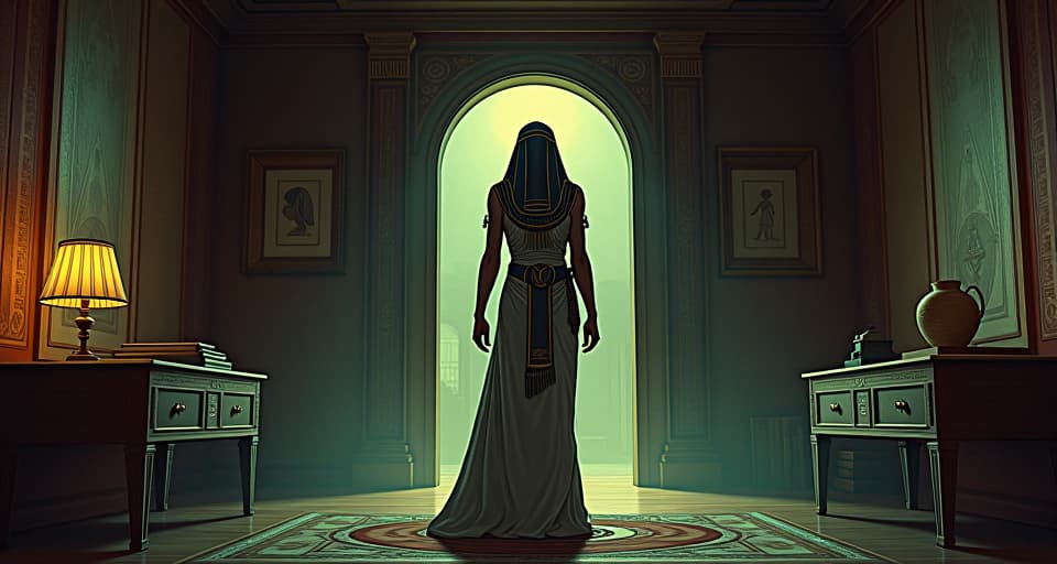  home filled with confrontation's silence, oppressive atmosphere, suffocating presence. the style is digital art illustration / modern comic book / mysterious occult, symbolic, esoteric vibe,high detail on character design, incorporating ancient egyptian symbology and attire.