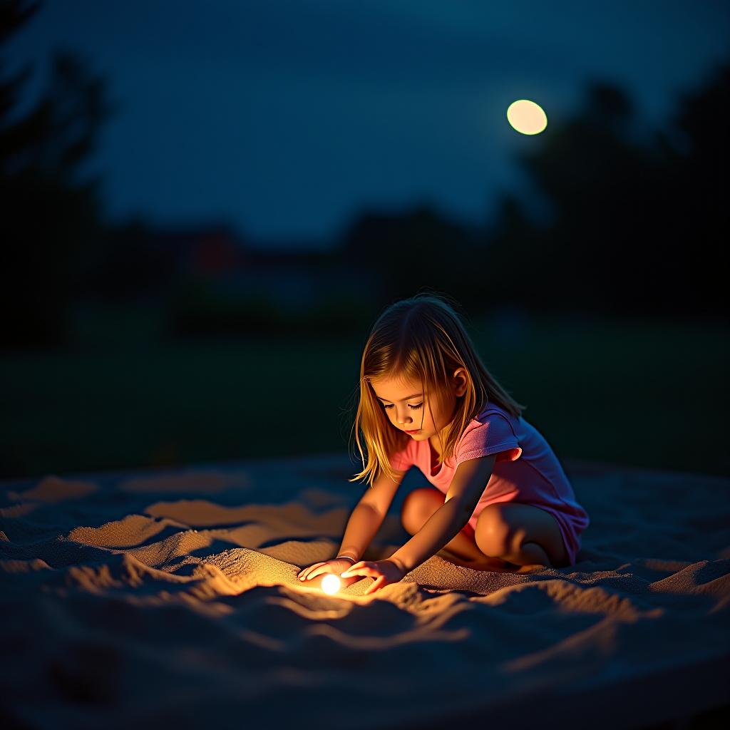  a girl is playing in the sandbox at night.