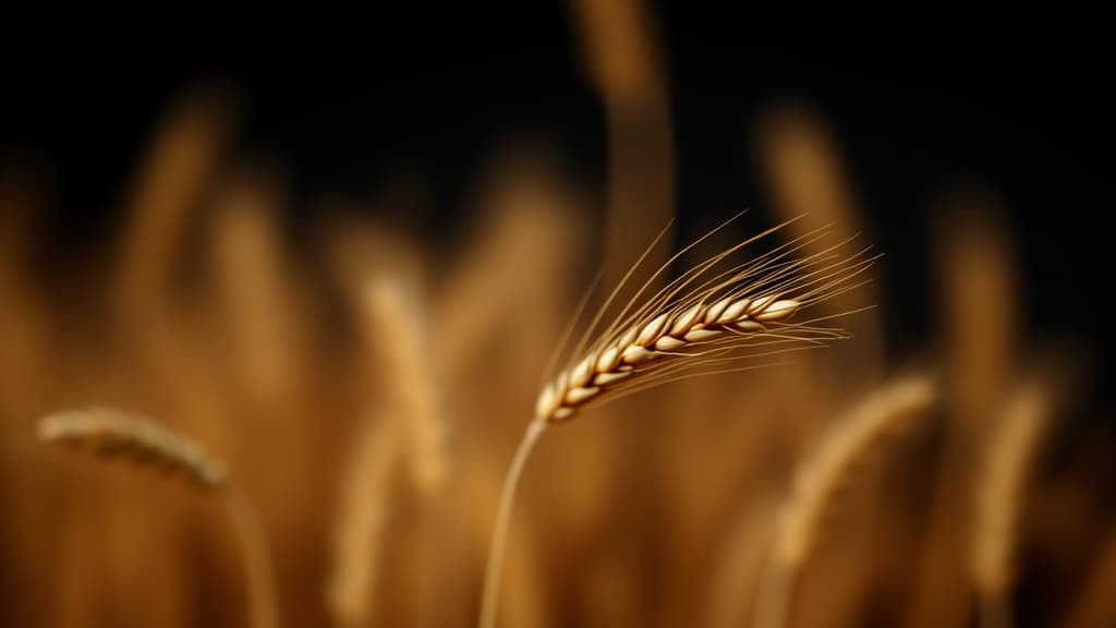  close up of barley on black with blurry grain in foreground