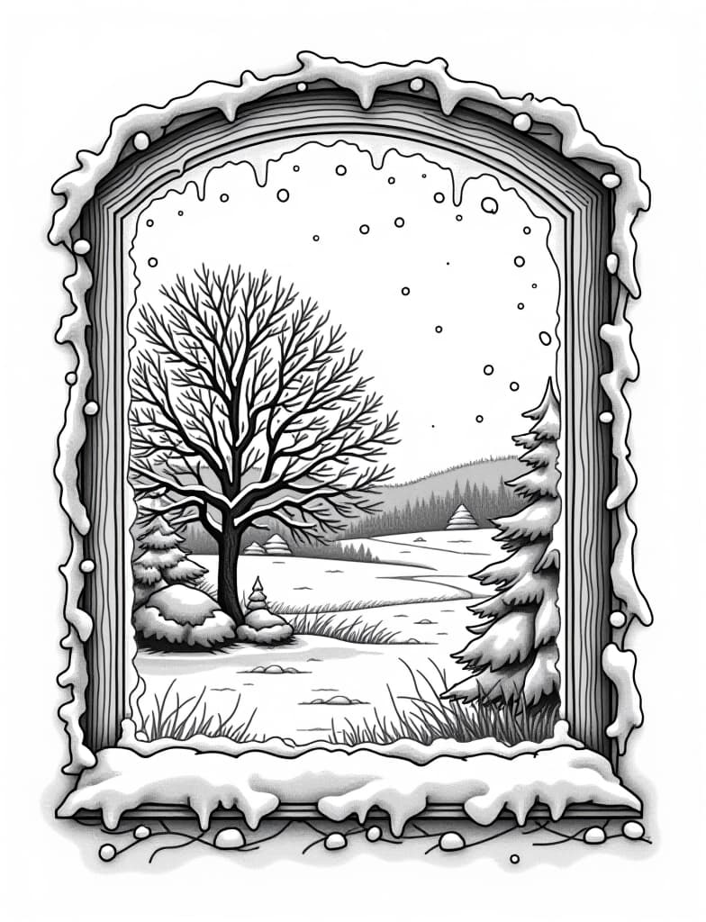  this is for an adult coloring page. a detailed black and white line art of a snowy frost covered window with a view of a snowy landscape on a solid white background.