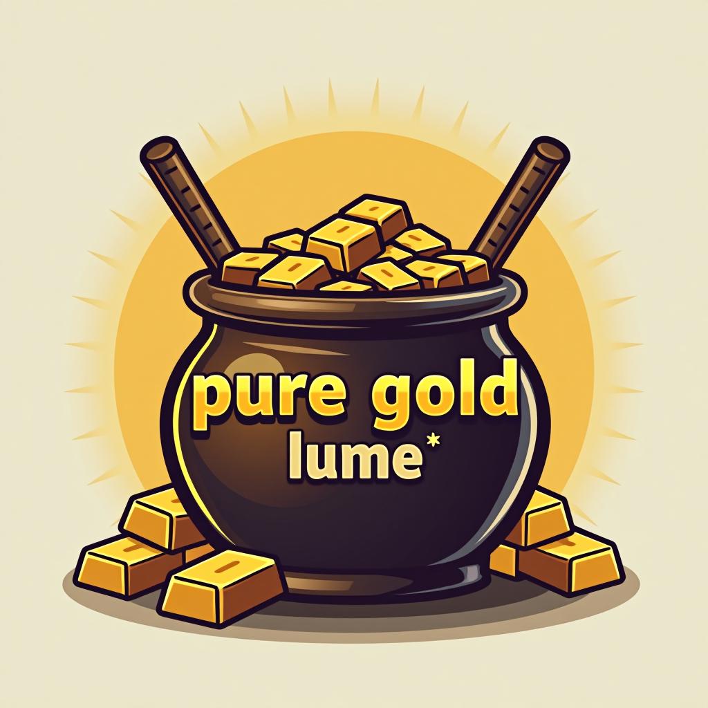  design a logo, pot of gold, hockey, gold bars, with the text 'pure gold'.