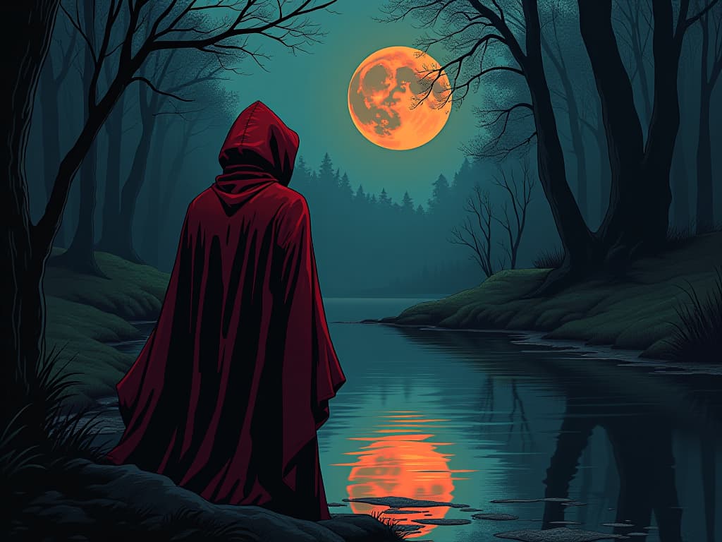  figure in red hooded cloak, gazing into still waters of a forest pond, reflection showing a sad face, dark woods and moonlight, aura of intense self reflection. the style is digital art illustration / modern comic book / graphic dark novel fantasy and mysterious occult, symbolic, moody lighting, esoteric vibe,high detail on character design. for the color scheme emphasize blacks and reds.