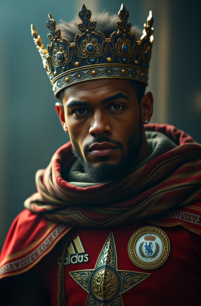  neymar as a king hyperrealistic, full body, detailed clothing, highly detailed, cinematic lighting, stunningly beautiful, intricate, sharp focus, f/1. 8, 85mm, (centered image composition), (professionally color graded), ((bright soft diffused light)), volumetric fog, trending on instagram, trending on tumblr, HDR 4K, 8K