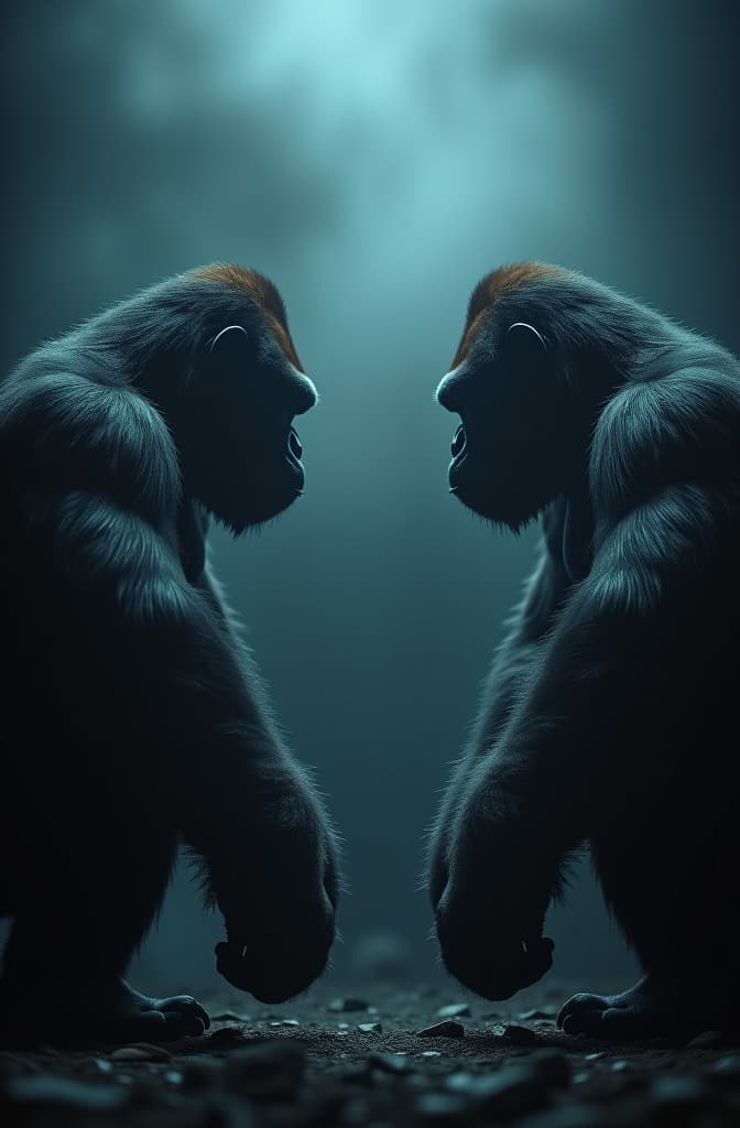  a cinematic and ominous scene featuring two gorilla brothers standing on opposite sides of the frame, facing each other with intense, hostile stares. the tension between them is palpable, as if they are moments away from clashing. their powerful, muscular forms are poised in a threatening stance, with each brother ready to confront the other. the atmosphere is heavy with suspense, enhanced by dark, shadowy lighting that adds a layer of mystery and drama. the composition captures the gravity of their impending showdown, making it an ideal setup for a dramatic and epic movie poster.". hyperrealistic, full body, detailed clothing, highly detailed, cinematic lighting, stunningly beautiful, intricate, sharp focus, f/1. 8, 85mm, (centered image composition), (professionally color graded), ((bright soft diffused light)), volumetric fog, trending on instagram, trending on tumblr, HDR 4K, 8K