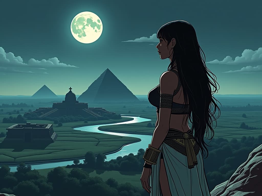  horizon over the nile river, highlighted under the full moon, ancient temples and lush fields, large busted priestess in tight clothing, contemplating the future, long term aspiration mood. the style is digital art illustration / modern comic book / mysterious occult, symbolic, esoteric vibe,high detail on character design, incorporating ancient egyptian symbology and attire.