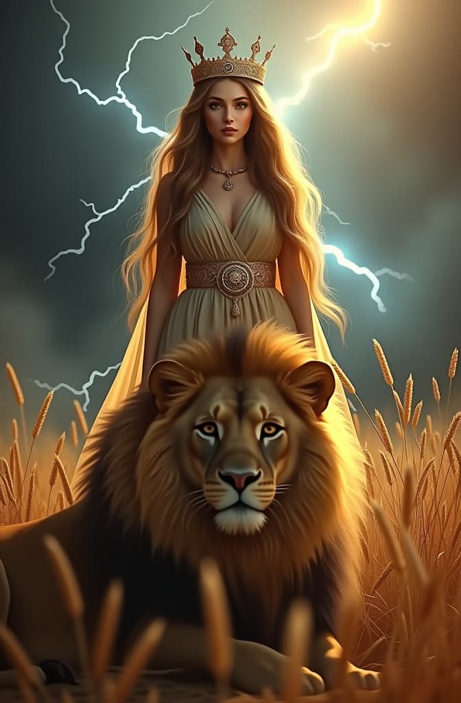  a beautiful crowned virgo goddess stands. she has light brown flowing hair and big eyes. a majestic lion lies at her feet. they both look intently into the camera. elements of wheat and lightning appear in the image. there is a cosmic looking background. hyperrealistic, full body, detailed clothing, highly detailed, cinematic lighting, stunningly beautiful, intricate, sharp focus, f/1. 8, 85mm, (centered image composition), (professionally color graded), ((bright soft diffused light)), volumetric fog, trending on instagram, trending on tumblr, HDR 4K, 8K