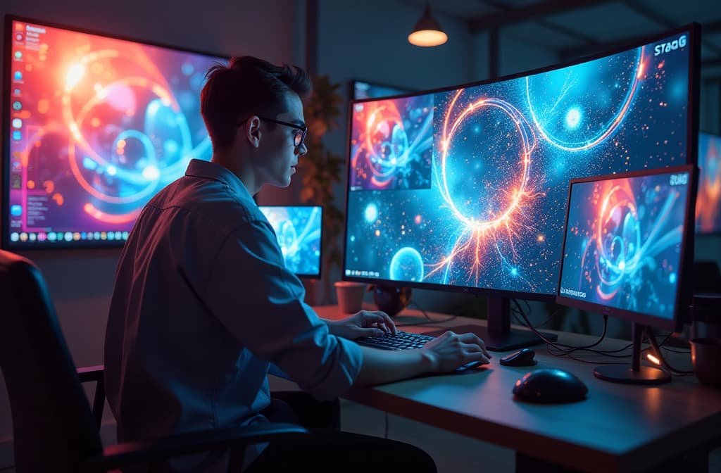  "imagine a futuristic digital artist workspace filled with vibrant screens displaying various creative images being generated in real time. in the foreground, a holographic interface showcases swirling colorful patterns and artistic symbols, while ai generated artworks emerge from the screens, blending elements of nature, technology, and abstract shapes. soft, ambient lighting casts a warm glow over the scene, emphasizing the harmony between human creativity and artificial intelligence." hyperrealistic, full body, detailed clothing, highly detailed, cinematic lighting, stunningly beautiful, intricate, sharp focus, f/1. 8, 85mm, (centered image composition), (professionally color graded), ((bright soft diffused light)), volumetric fog, trending on instagram, trending on tumblr, HDR 4K, 8K