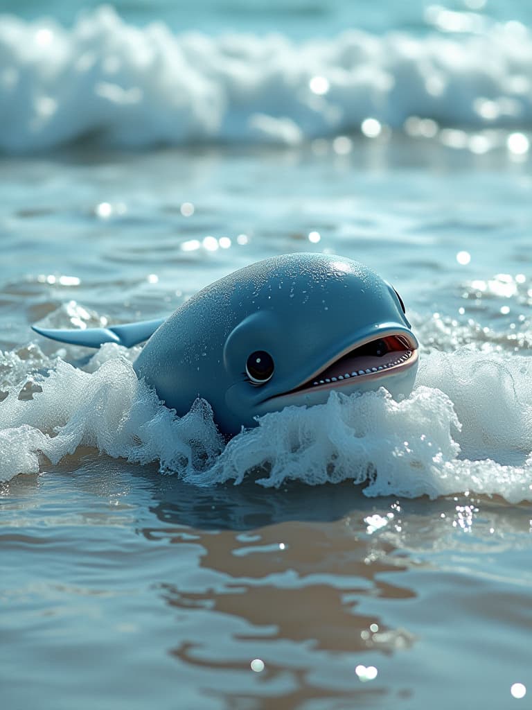  cute little whales struggle to swim back to the sea in shallow waters near the shore. it has a panic in its eyes, and its body is stuck on the shallows, surrounded by rolling waves. the little whale, with his mouth open and his cry for help, was splattered with water and light blue。