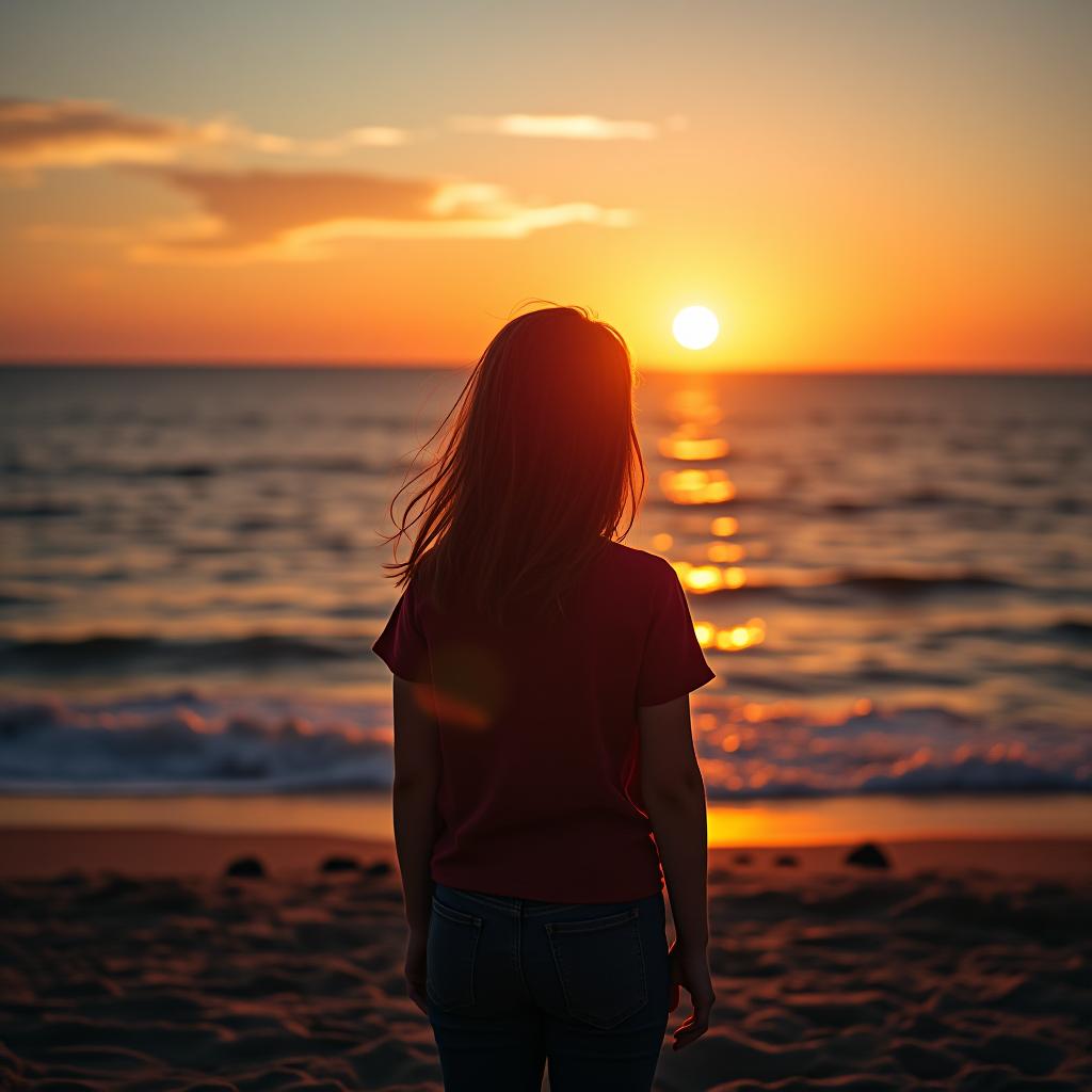  the girl is standing with her back to the sunset by the sea.