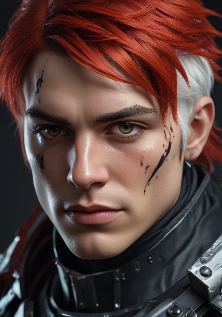 Red and white hair with a scar on his face . Jet Black Armored Paladin highly detailed,studio lighting,professional,vivid colors, cinematic lighting, HDR, UHD, 4K, 8k, 64K