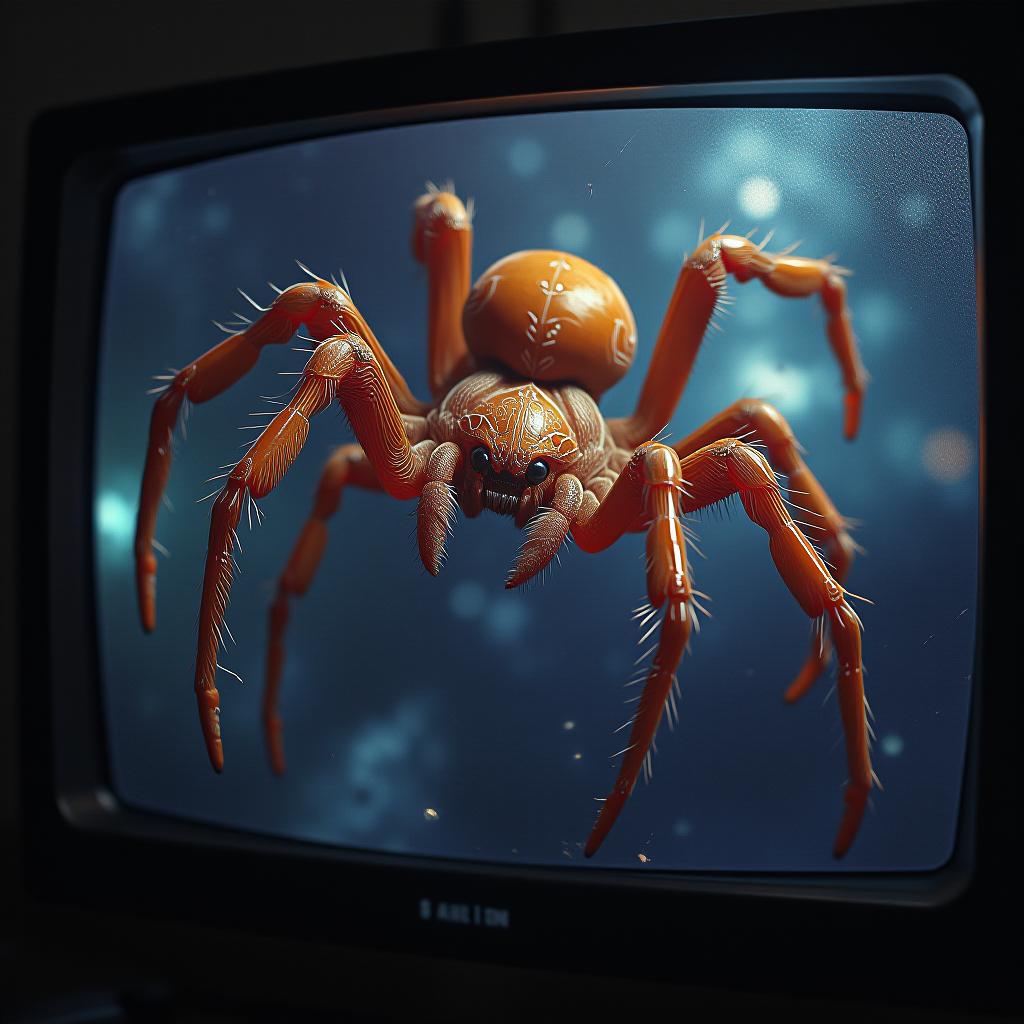  hyperrealistic art tv with spider paws in space . extremely high resolution details, photographic, realism pushed to extreme, fine texture, incredibly lifelike