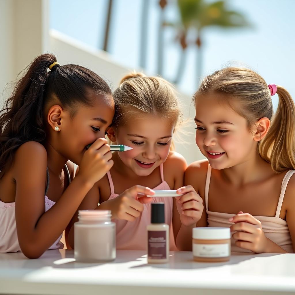  three girls of different ages are examining jars of hair and face cosmetics. the background features light, the sea, and palm trees.