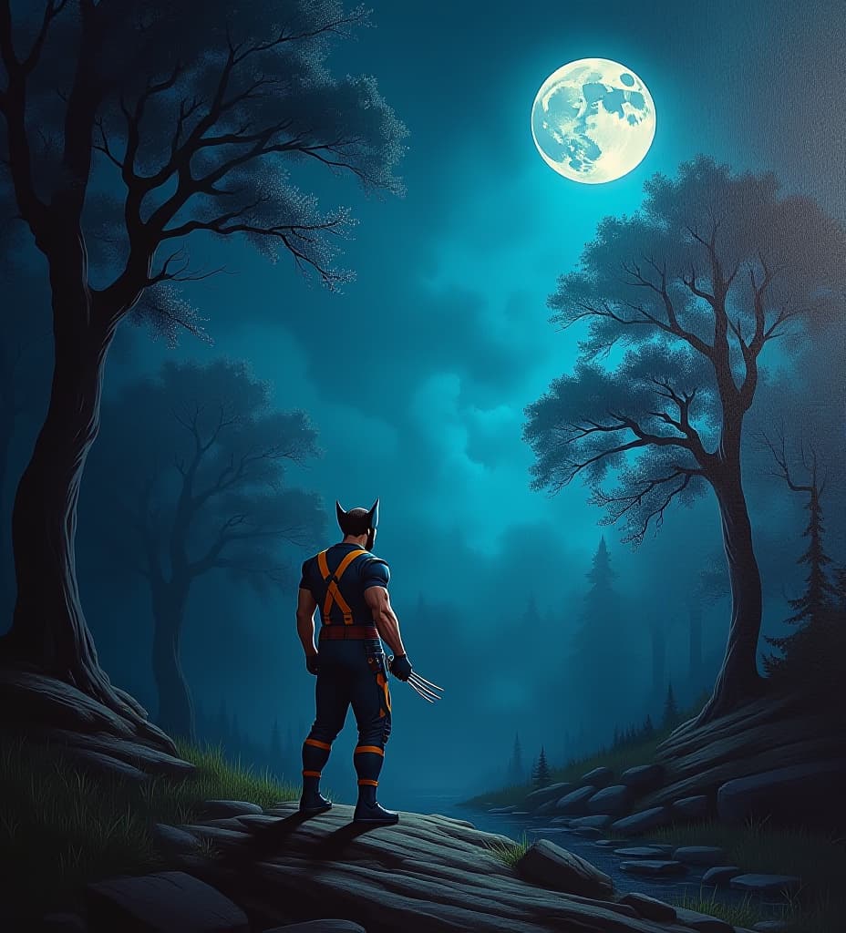  "generate a hyper realistic, ultra detailed 4k/8k image “wolverine was painting a night nature scene but the painting was destroye, background painting room."