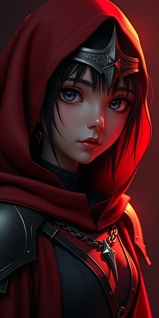  close up, upper body, red theme, dark theme,1girl,earrings,jewelry,chain,spike,armor,helmet,cloak,hood up,robe, cinematic lighting, chiaroscuro, hires, volumetric lighting, highly detailed background, masterpiece, <lora:add detail:0.4> <lora:hairdetailer:0.5> <lora:cultiste:1>