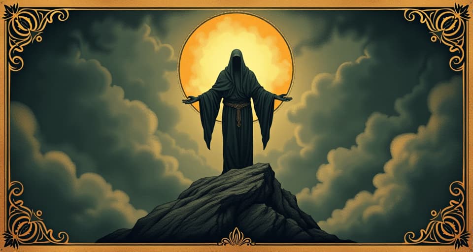  figure rising above dark clouds, emanating bright, purifying light, untouchable, empowered, transcendent. an illustration in the style of a worn, mystical old tarot trump card, mysterious and elements of surrealism. the colors are muted, somber and eerie, but with contrast bring out an occult and esoteric vibe.