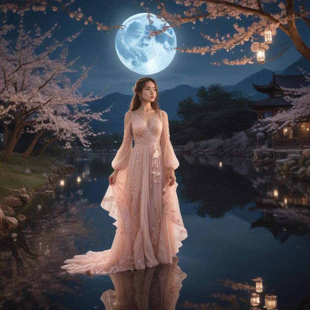 ((masterpiece)),(((best quality))), 8k, high detailed, ultra detailed, A girl wearing a flowing dress, cherry blossom petals falling around her, (a tranquil pond reflecting the moon), lanterns hanging from trees, mountains in the background hyperrealistic, full body, detailed clothing, highly detailed, cinematic lighting, stunningly beautiful, intricate, sharp focus, f/1. 8, 85mm, (centered image composition), (professionally color graded), ((bright soft diffused light)), volumetric fog, trending on instagram, trending on tumblr, HDR 4K, 8K