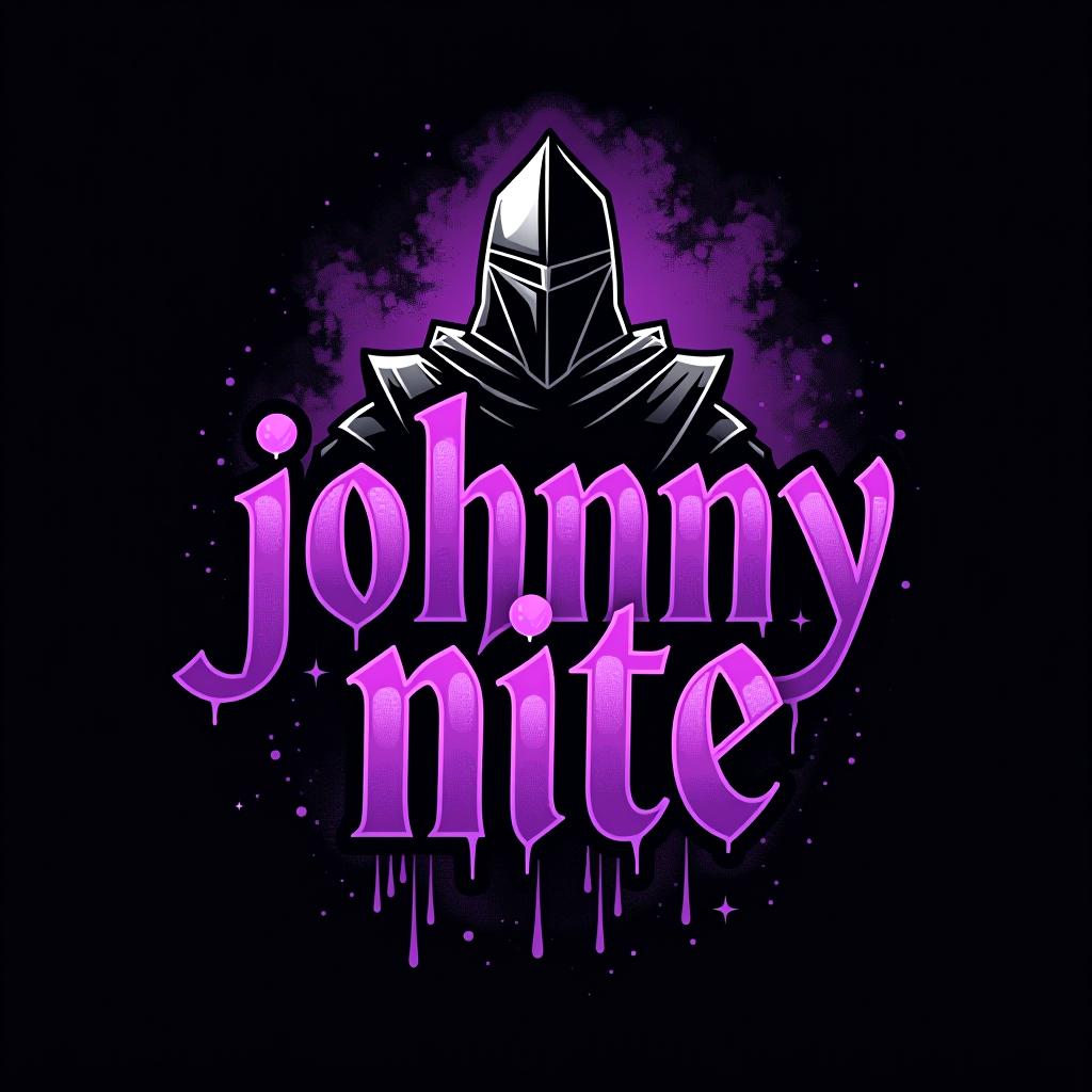  design a logo, in a surrealism style. knight black and purple graffiti capitals, with the text 'johnny nite'.