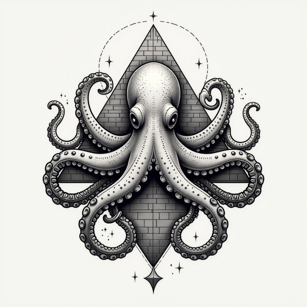  create a tattoo design, octopus around pyramids tattoos, white background