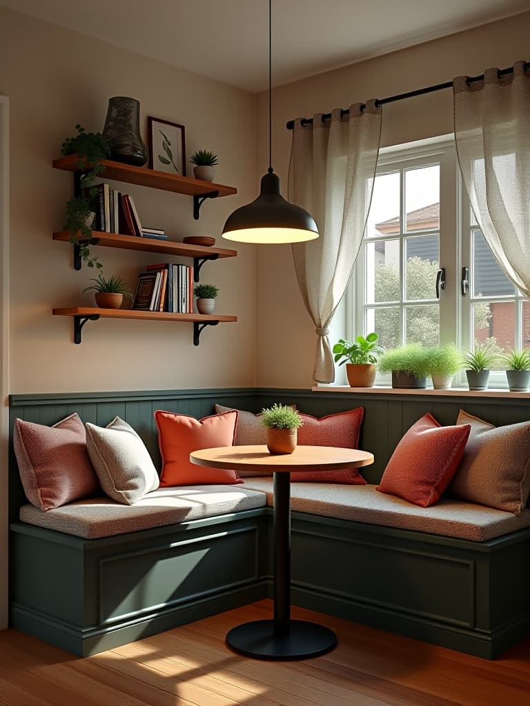  high quality portrait photo of a cozy kitchen corner with a built in banquette seating area, featuring patterned cushions, floating shelves with cookbooks and plants, and a small round table with a statement pendant light above hyperrealistic, full body, detailed clothing, highly detailed, cinematic lighting, stunningly beautiful, intricate, sharp focus, f/1. 8, 85mm, (centered image composition), (professionally color graded), ((bright soft diffused light)), volumetric fog, trending on instagram, trending on tumblr, HDR 4K, 8K