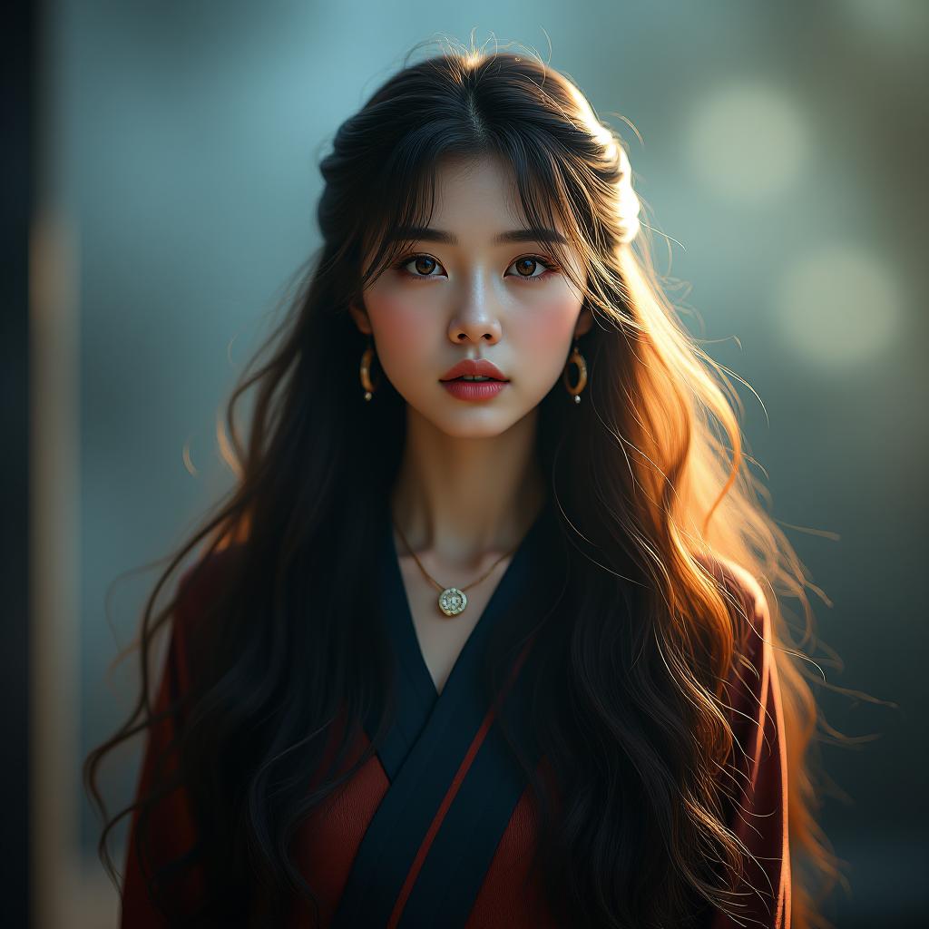   woman with long hair, asian korean pretty  hyperrealistic, full body, detailed clothing, highly detailed, cinematic lighting, stunningly beautiful, intricate, sharp focus, f/1. 8, 85mm, (centered image composition), (professionally color graded), ((bright soft diffused light)), volumetric fog, trending on instagram, trending on tumblr, HDR 4K, 8K