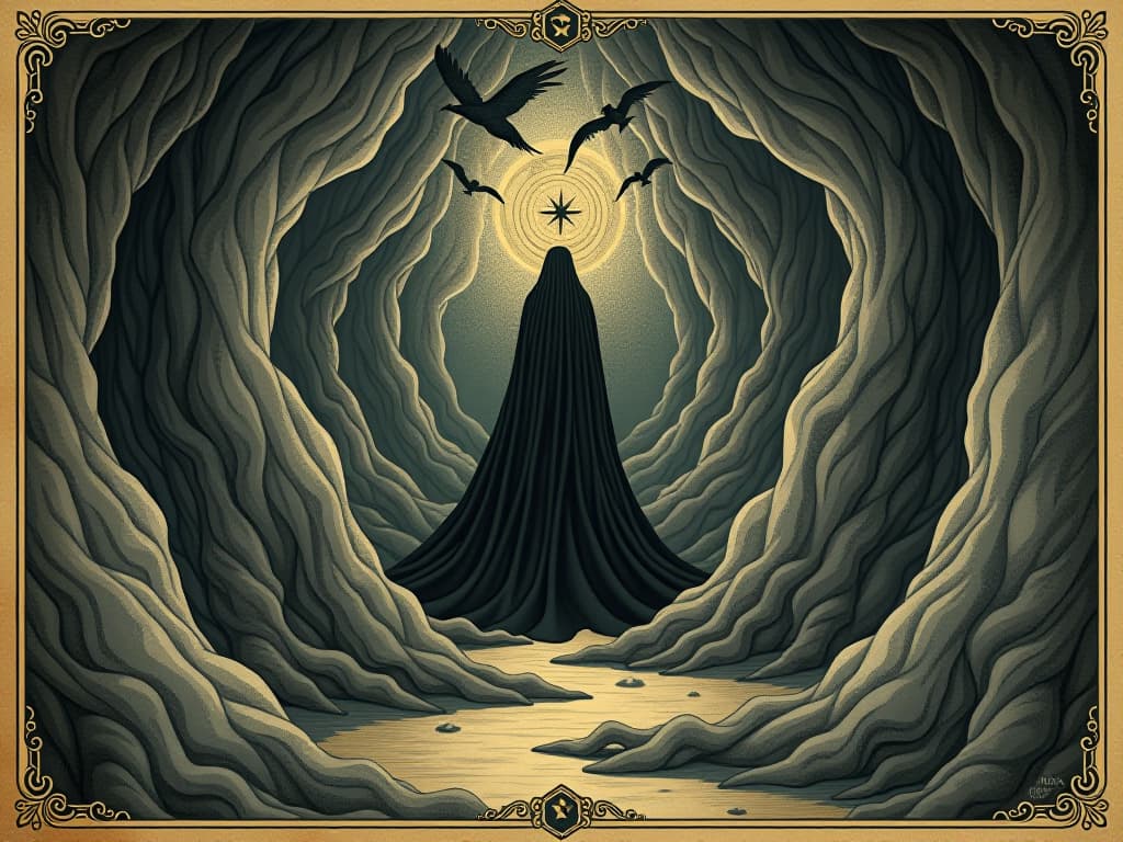  soul navigating between worlds, intricate pathways, ethereal and physical realms, sense of resilience. an illustration in the style of a worn, mystical old tarot trump card, mysterious and elements of surrealism. the colors are muted, somber and eerie, but with contrast bring out an occult and esoteric vibe.