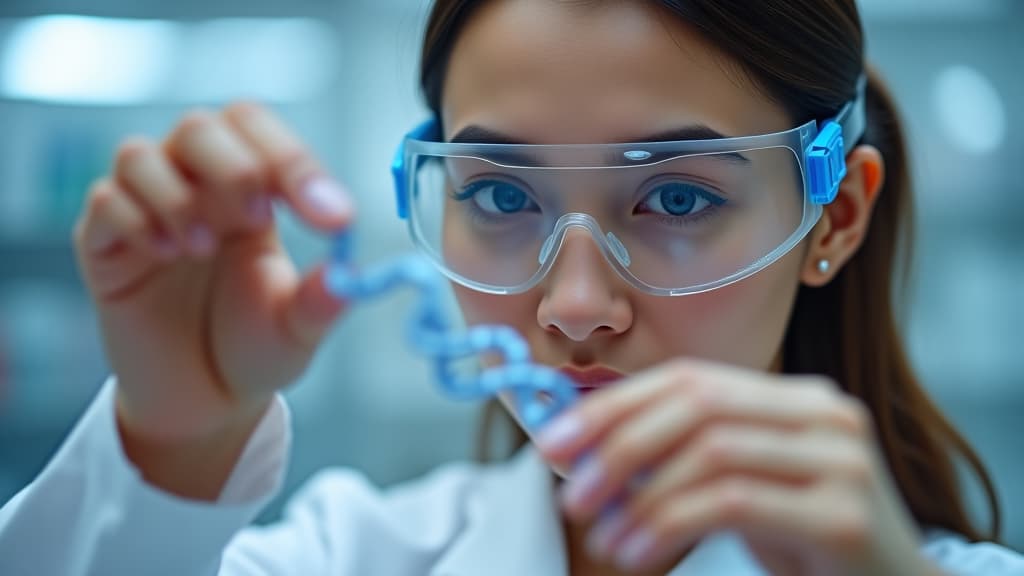  a female scientist wearing safety goggles examines a strand of dna in a lab setting.